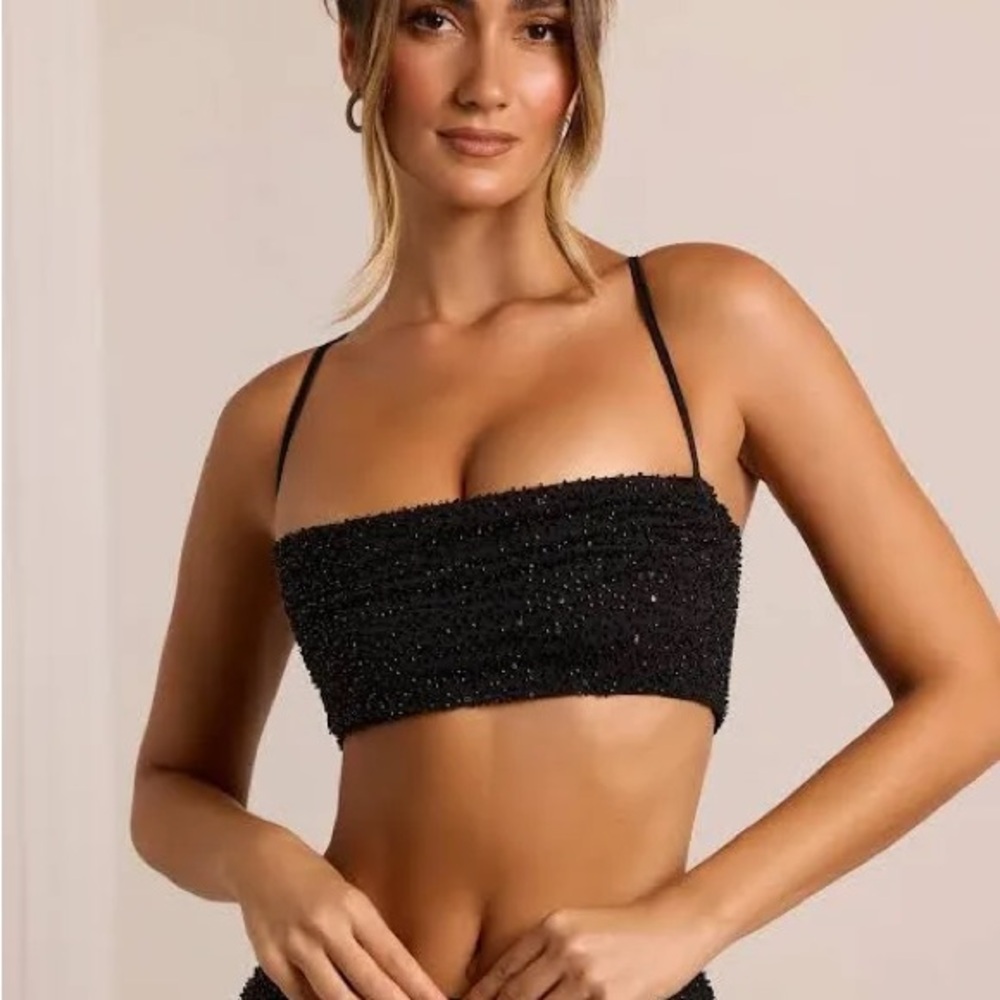 Oh Polly Black Beaded Crop Top